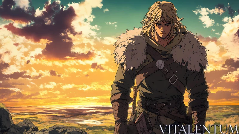 Anime warrior at sunset with cinematic atmospheric perspective.