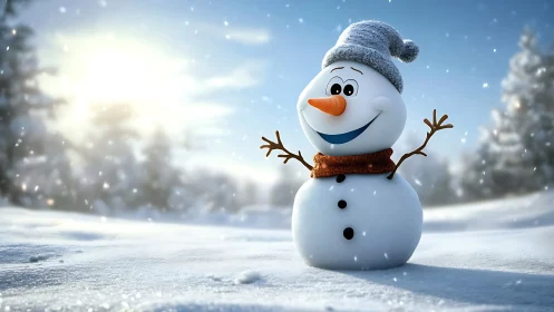 Cheerful snowman smiles in bright snowy winter landscape