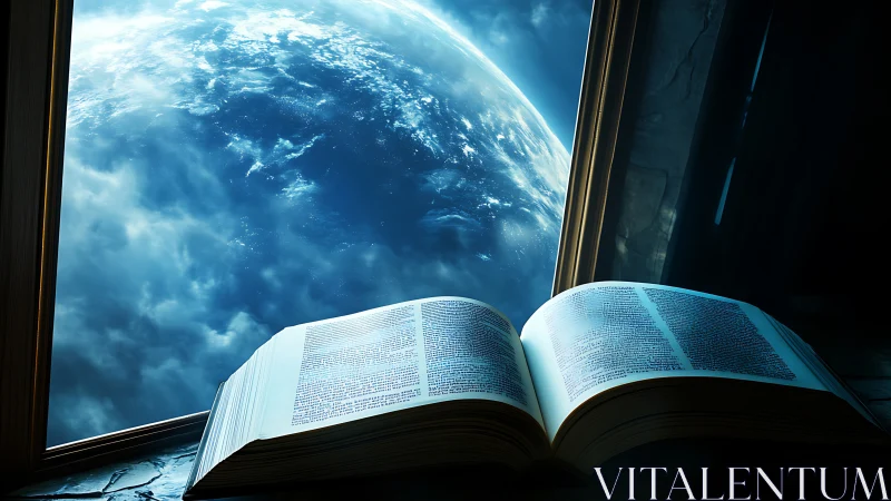 Open book is positioned before a large window facing Earth