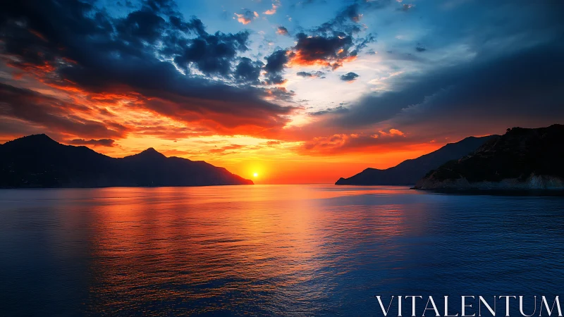 Photorealistic coastal sunset with silhouetted mountain horizons.