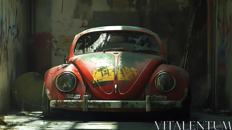 Cinematic 3D render of decaying vintage Beetle front view.