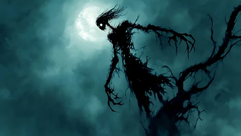 Shadowy lunar wraith with branching tendrils against sky.