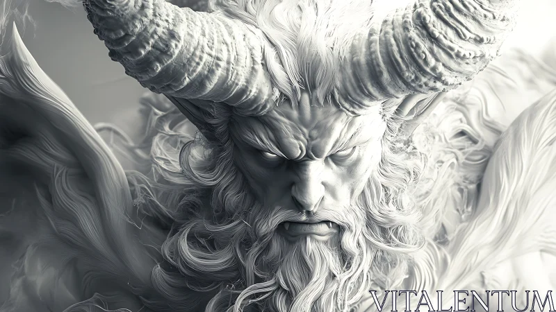 Monochrome horned humanoid bust with detailed facial structure.