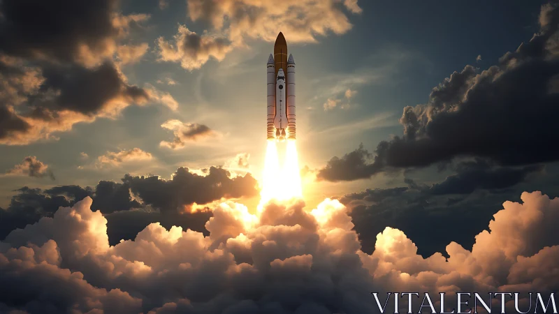 Space shuttle rocket ascends vertically through dense cloud cover