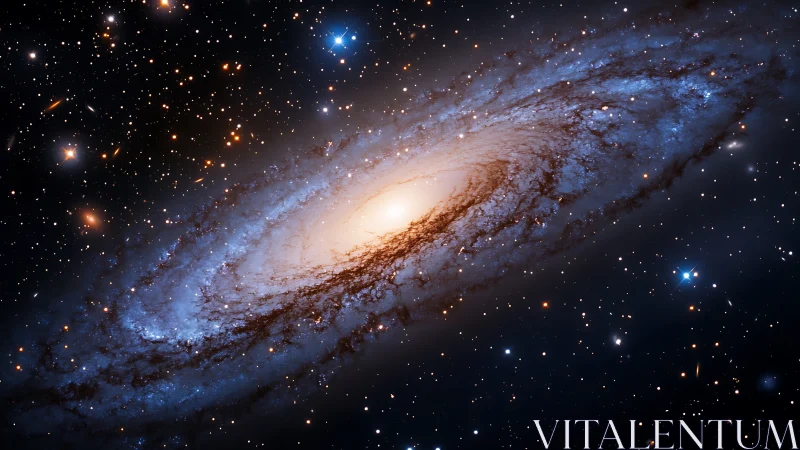 Spiral galaxy arcs through deep space with luminous starfield