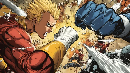 Dynamic anime clash freezes at impact of opposing fists