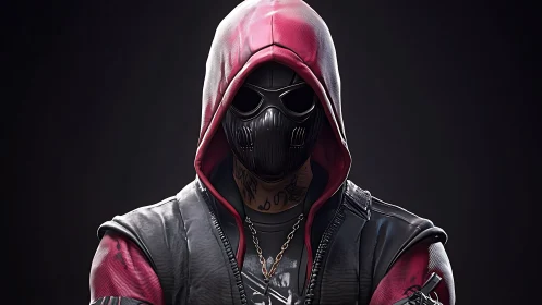 Hooded cyber renegade in crimson mask stares back.