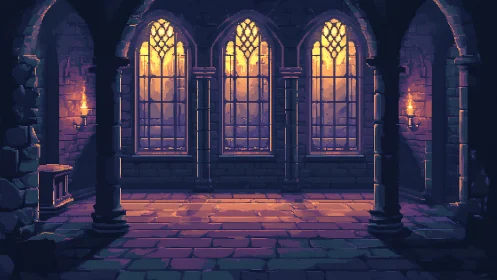 Medieval stone hall glows under golden pixel sunset.