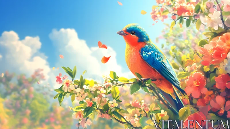 Vibrant blue and orange songbird in a dreamy floral garden scene.