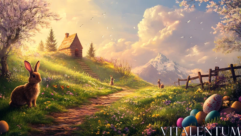 Digital painting of spring rabbits on luminous alpine path.