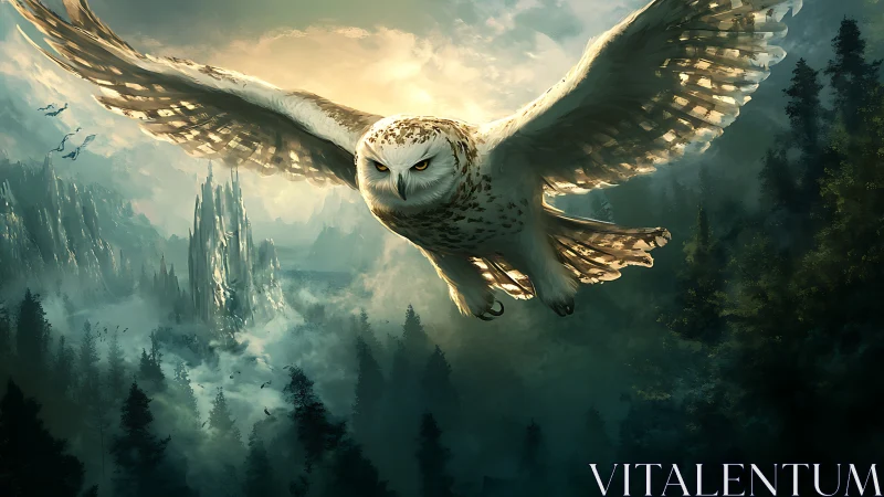 Majestic Snowy Owl Soaring Over Mystical Forest Landscape.