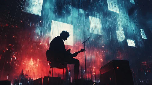 Lone guitarist bathed in neon stormlight on dreamy stage.