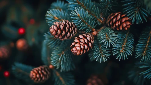 Pine cones on blue spruce branches under soft winter light.
