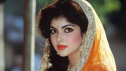 Portrait captures elegant woman in ornate orange dupatta