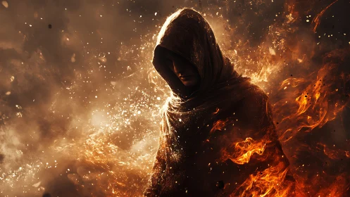 Hooded fire conjurer shrouded in embers and swirling sparks.