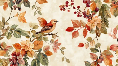Autumn Botanical Composition with Bird and Seasonal Berries