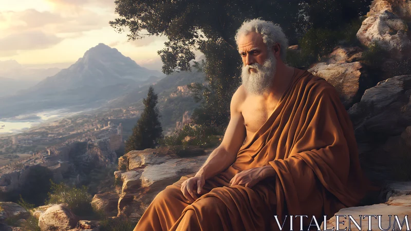 Philosopher in sunset robes contemplates an ancient valley