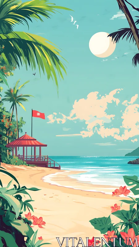 Tropical Coastal Scene with Gazebo Structure