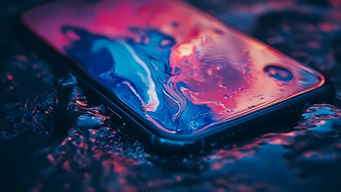 Cyberpunk liquid-glass smartphone close-up with neon refraction.