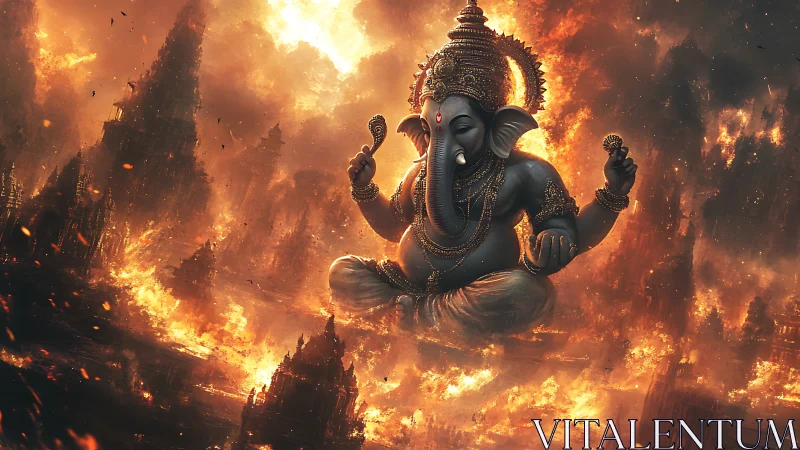 Ganesha statue floating above burning fantasy cityscape.