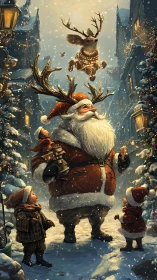 Antlered Santa delights children beneath a flying reindeer.