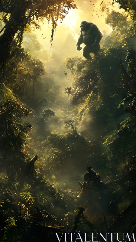 Colossal jungle ape towers above misty sunlit ravine.
