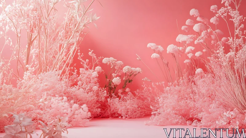 Monochromatic Pink Floral Garden Scene. Surreal Botanical Landscape.