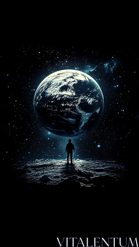 Solitary astronaut under luminous Earth in deep space.