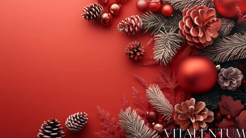 Red Christmas border with pine cones and ornaments.