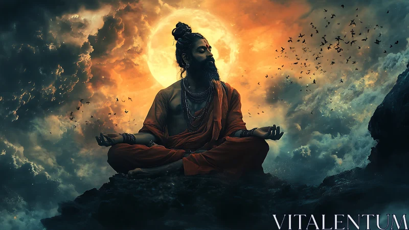 Solar halo yogi drifts in stormlit cosmic meditation glow.