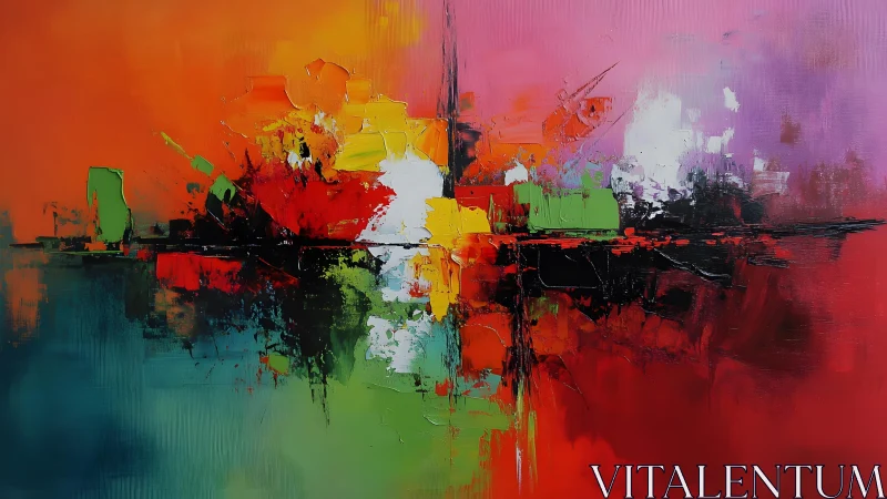 Vivid Abstract Cityscape with Bold Colors and Textured Brushstrokes.