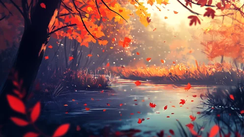 Autumn riverbank rendered in luminous atmospheric digital painting