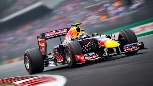 Red Bull Formula race car attacking high-speed circuit corner.