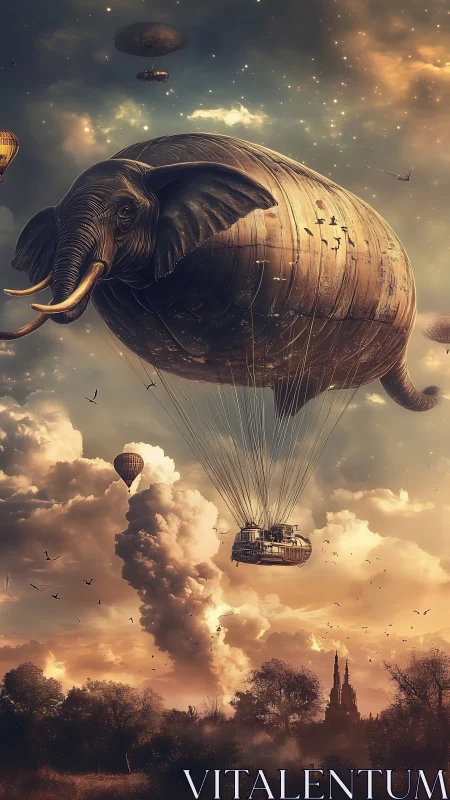 Gentle sky elephant carries a dreamy airship through dusk