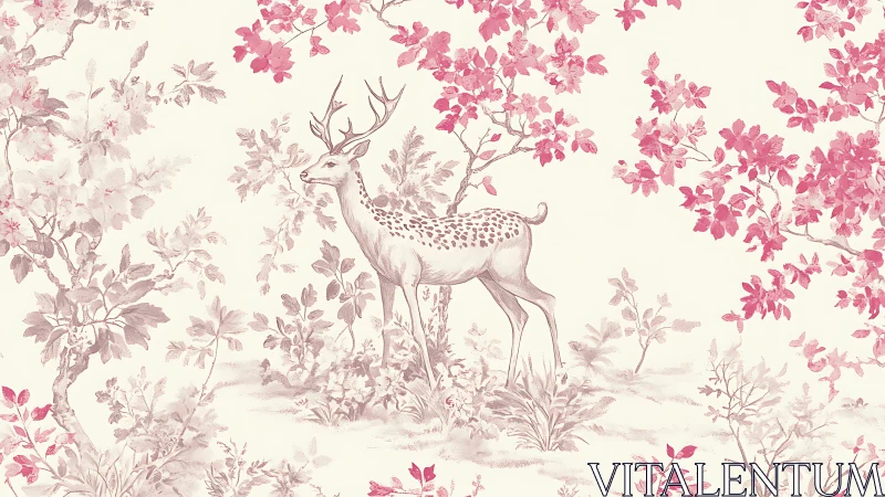 Elegant Deer in Pink Floral Forest, Vintage Illustration Style.