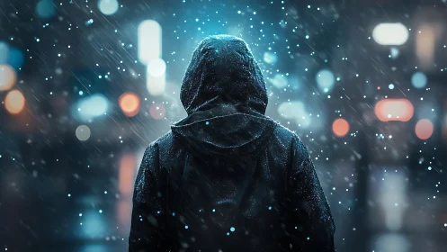 Hooded figure in neon city snowfall, cinematic back view.