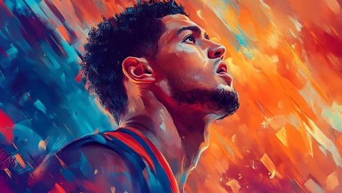Basketball player portrait in bold orange and blue brushstrokes.