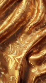 Gold satin textile with baroque floral jacquard pattern.