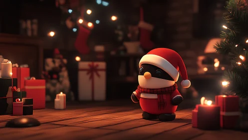Cozy Christmas penguin mascot amid glowing gift boxes.