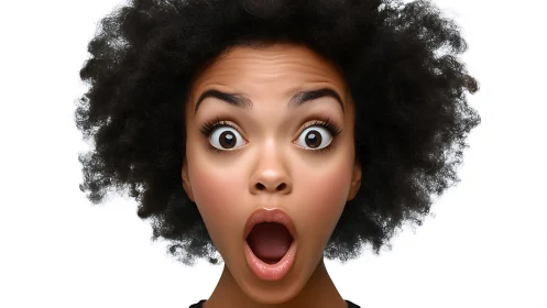 Surprised Young Woman with Curly Hair on White Background.