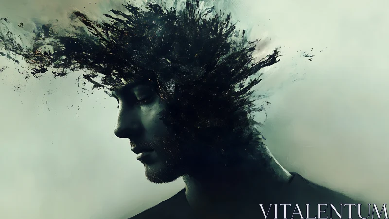 Male side profile dissolves into dark abstract brush burst