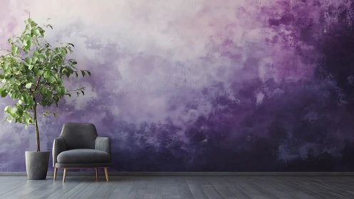 Gray armchair and potted tree against purple textured wall
