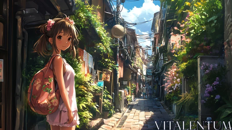 Anime girl in narrow sunlit alley with dense urban greenery.