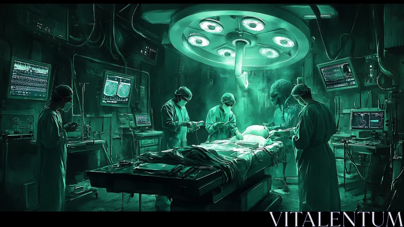 Alien observer haunts a neon-lit surgical operation scene.