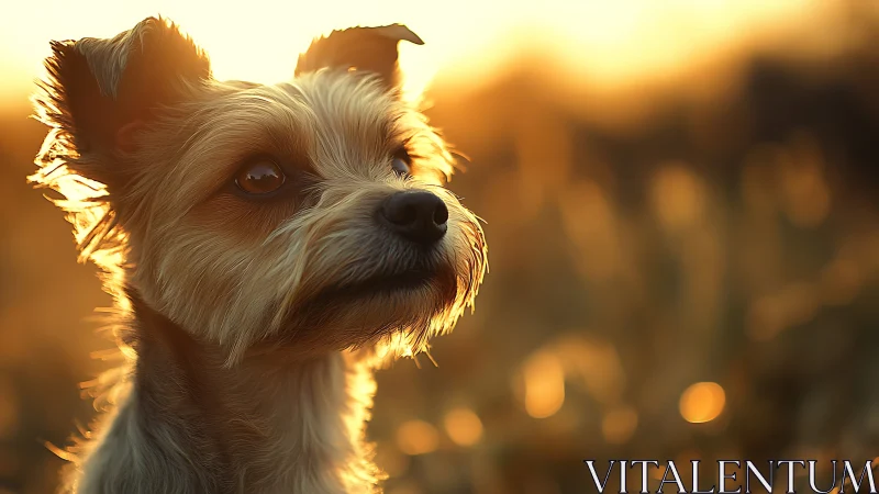 Backlit terrier portrait in warm sunset bokeh glow.