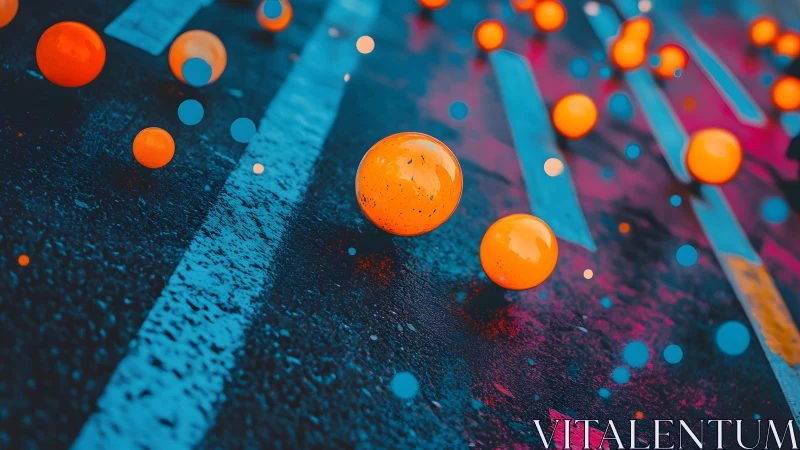 Vibrant Orange Spheres on Abstract Street Background, Digital Art.