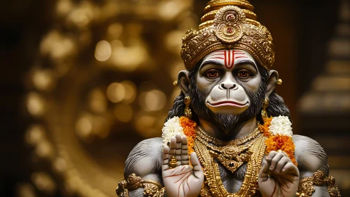 Ornate Hanuman idol in golden temple bokeh light focus.