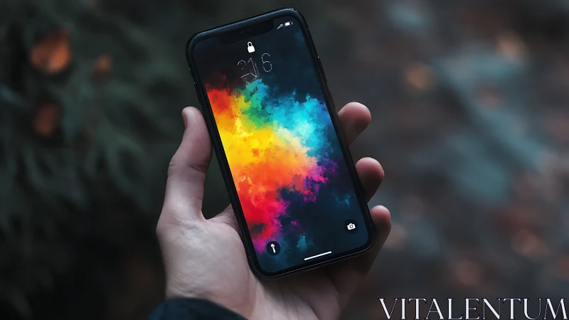Hand-held smartphone displaying gradient color abstract wallpaper.