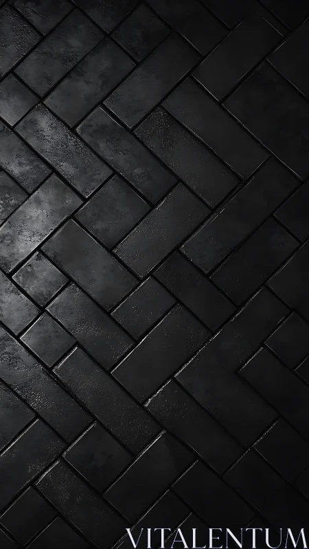 Black rectangular tiles form a herringbone layout in close view