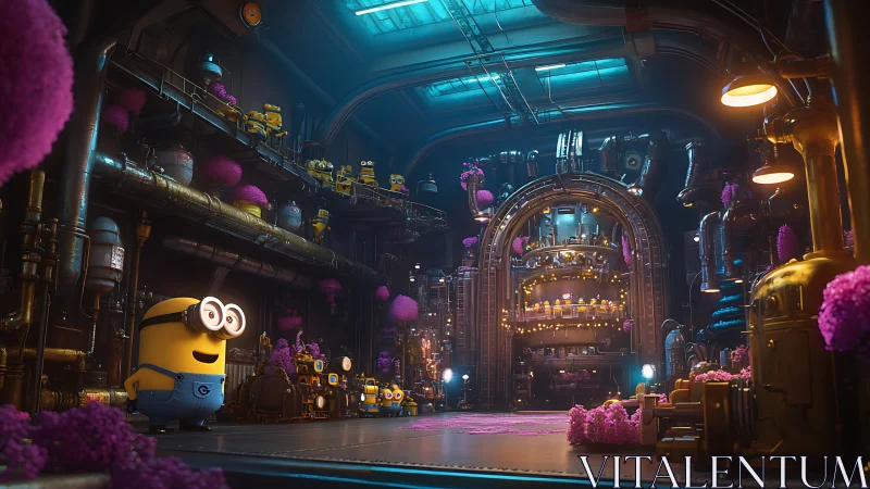 Playful yellow helpers exploring a glowing candy factory.